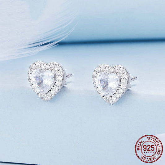 925 Sterling Silver Loving Heart Stud Earrings Female Shining Zircon