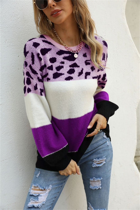 European And American Stitching Leopard Print Plus Size Crew Neck Pullover Sweater