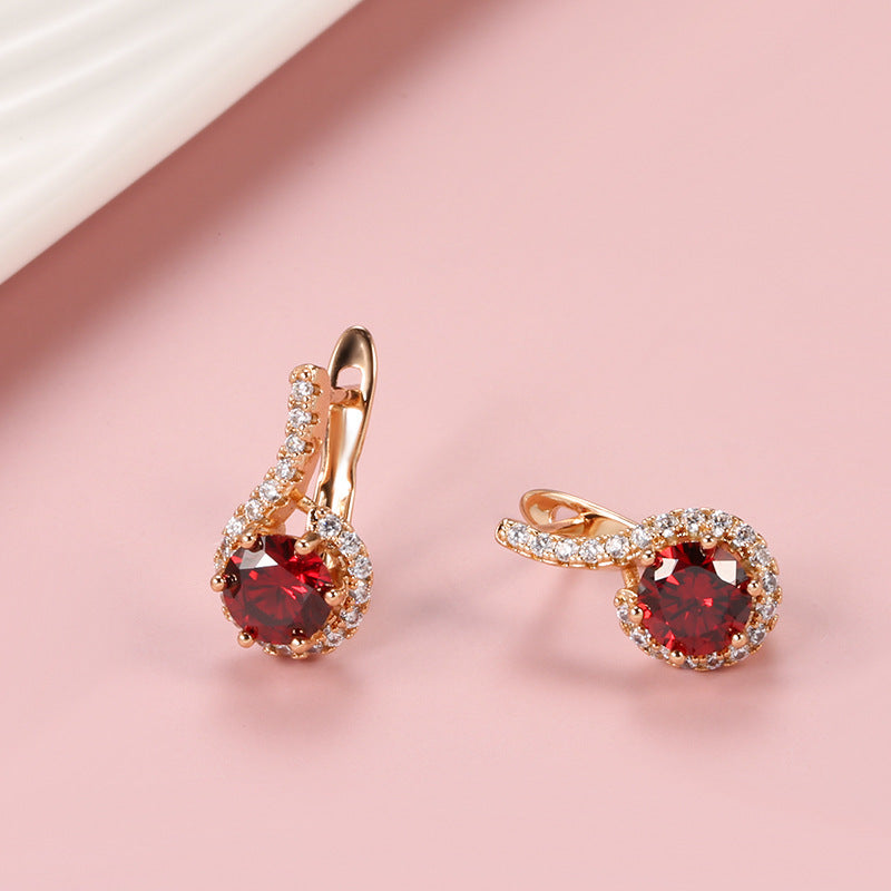 Elegant Zircon Fashion Exquisite Six-claw Pigeon Blood Red Zircon Earrings