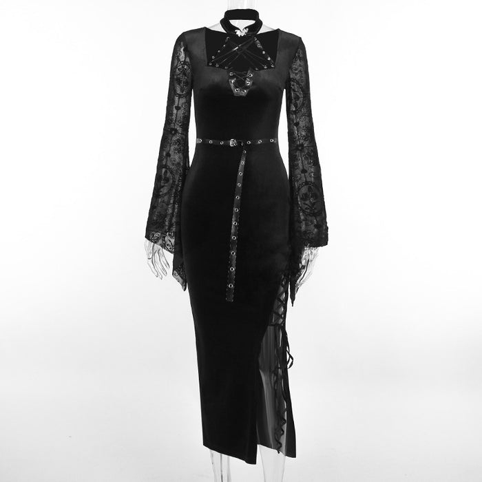 Black Retro Gothic Suede Split Nun Dress