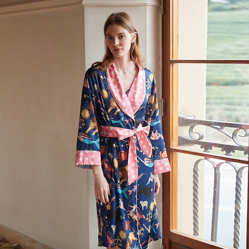 Imitated Silk Pajamas Women's Spring And Autumn Bathrobe Cool Ice Silk Home Wear Nightgown