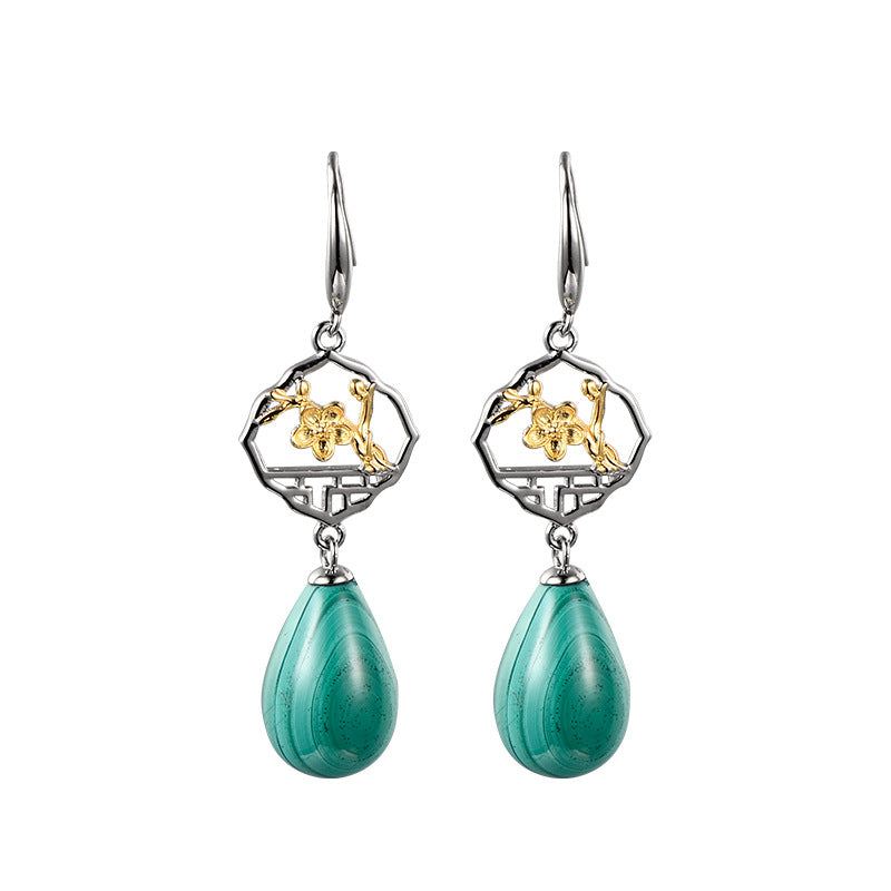 S925 Silver Chinese Ancient Style Window Plum Drop-shaped Malachite Earrings