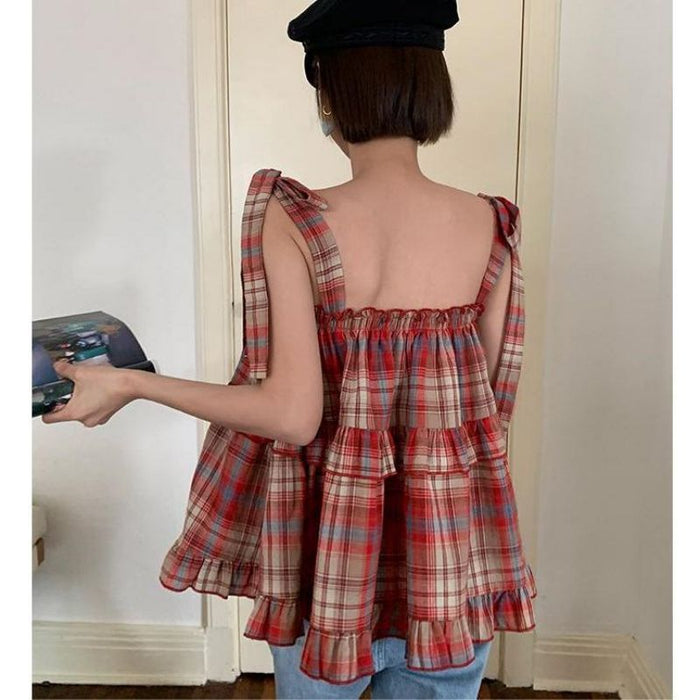 Women's Lace Up Sleeveless Loose Plaid Vest