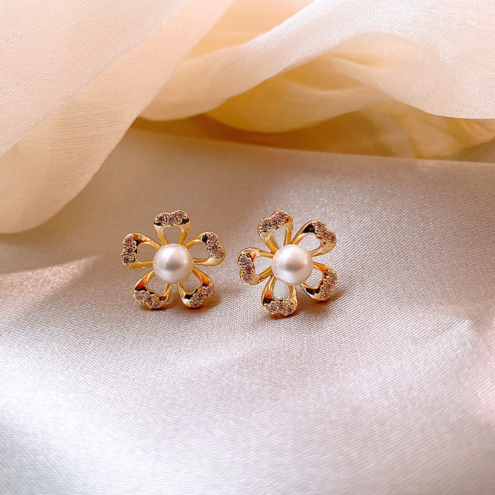 Pearl Petal Earrings Women Fashion Small