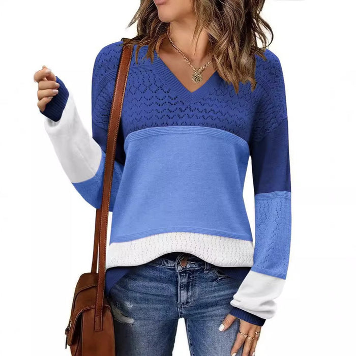 V-neck Hollow-out Pullover Knitted Rib Sweater