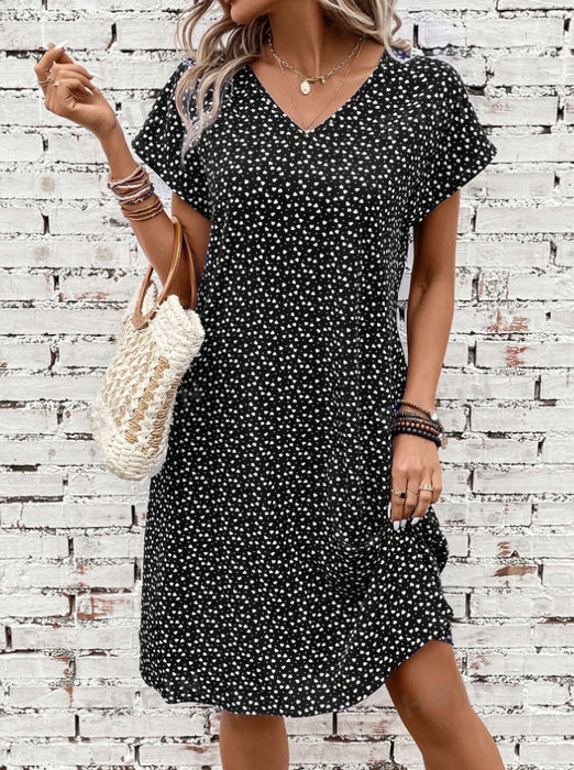 Women's Casual Short Sleeve V-neck Polka Dot Heart Shape Printed Dress