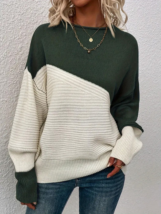 Women's Knitting Sweater Stitching Contrast Color Pullover Top