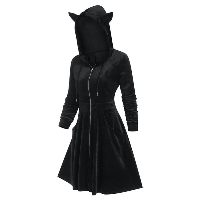 Patchwork Gothic Style Hooded Long Sleeve Pleuche Cat Ear Dress