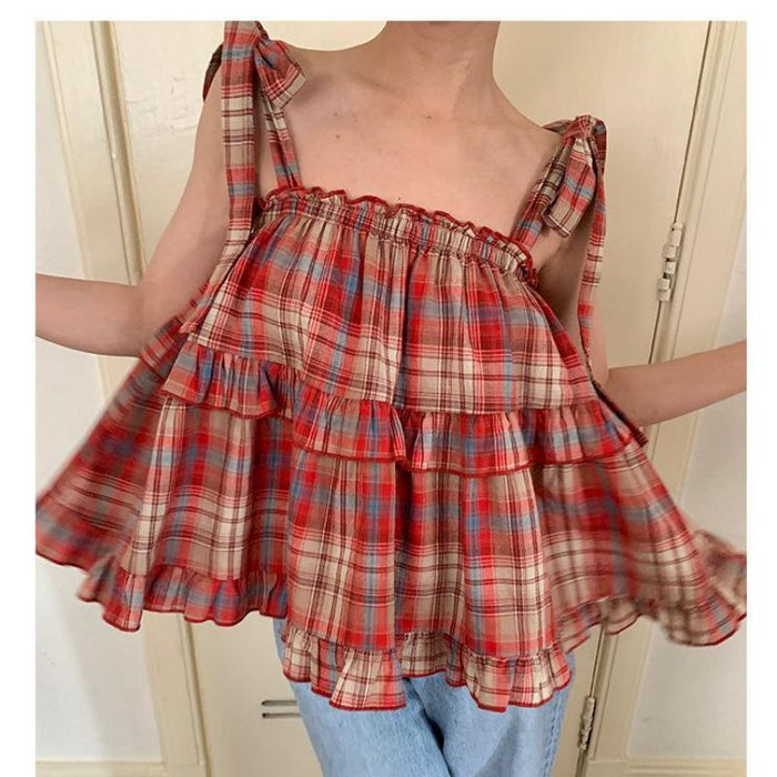 Women's Lace Up Sleeveless Loose Plaid Vest