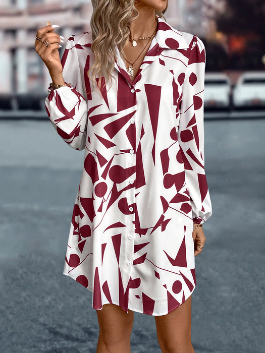 Women's Lapel Lantern Sleeve Print Dress