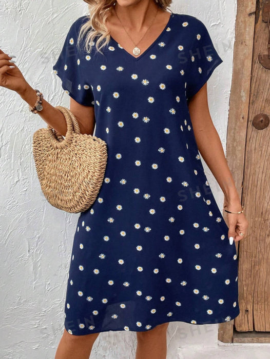 Women's Casual Short Sleeve V-neck Polka Dot Heart Shape Printed Dress