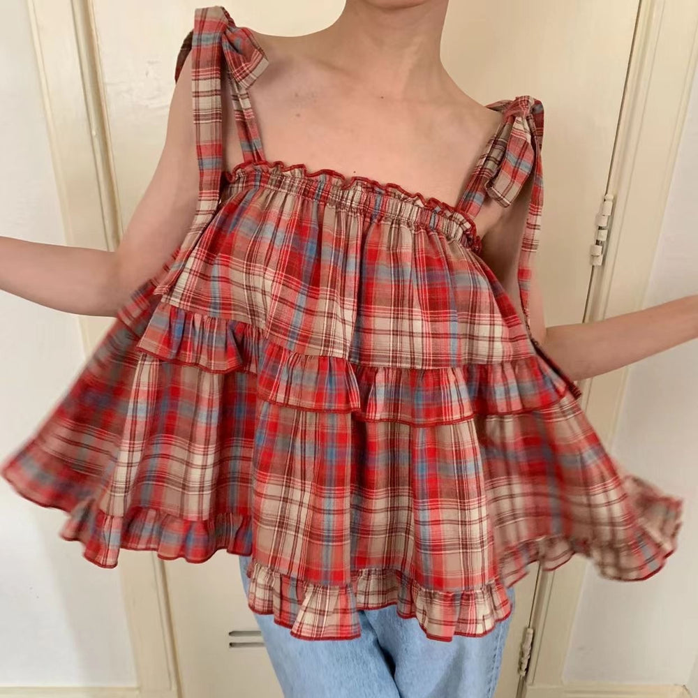 Women's Lace Up Sleeveless Loose Plaid Vest