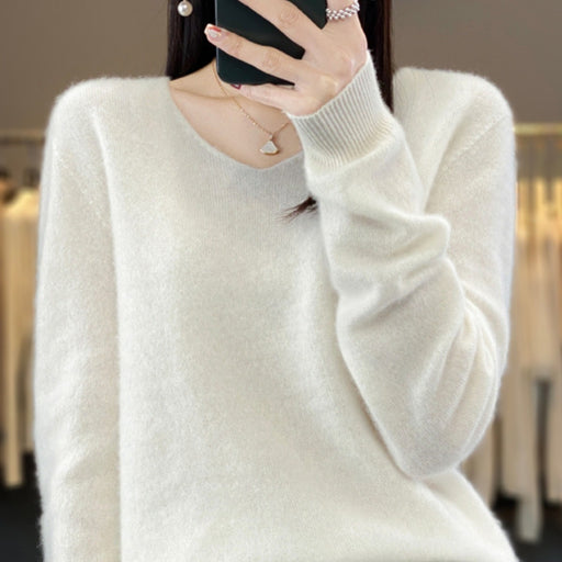 Women's Wool Sweater V-neck Autumn And Winter New Solid Color Loose-fitting Versatile Wool Loose Bottoming Shirt