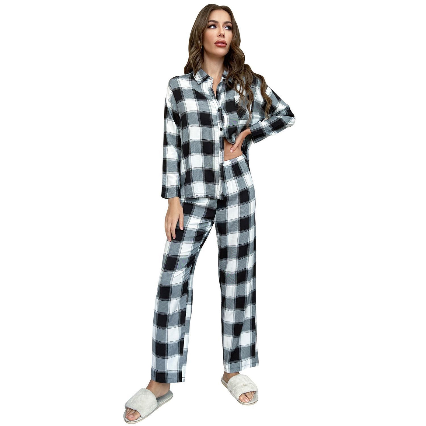 Pajamas Women's Spring And Autumn Plaid Long Sleeve Home Wear Suit