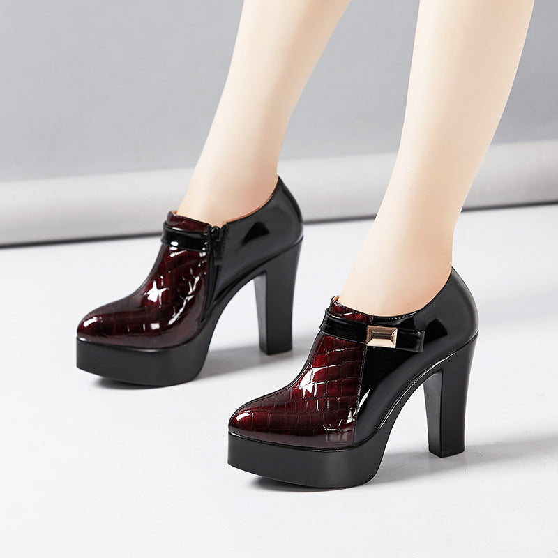 Autumn And Winter New Patent Leather Color Matching High Heel Large Size Work Shoes Women