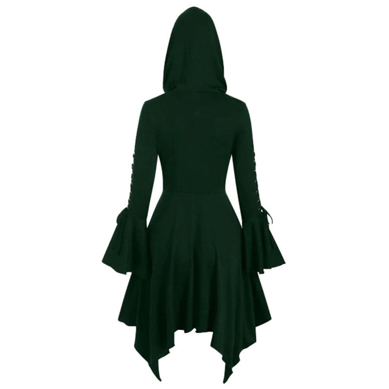 Vintage Female Gothic Hooded Dress Cloak Punk Witch Coat Lace Up Irregular Hem Lotus Sleeve