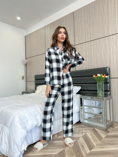Pajamas Women's Spring And Autumn Plaid Long Sleeve Home Wear Suit