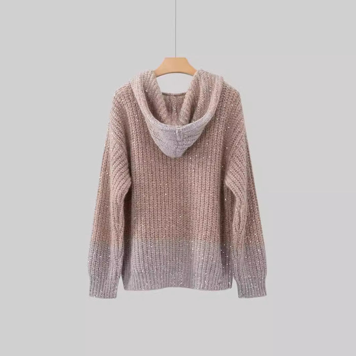 Hooded Cardigan Raglan Sleeve One Button Contrast Color Sequins Loose-fitting Sweater