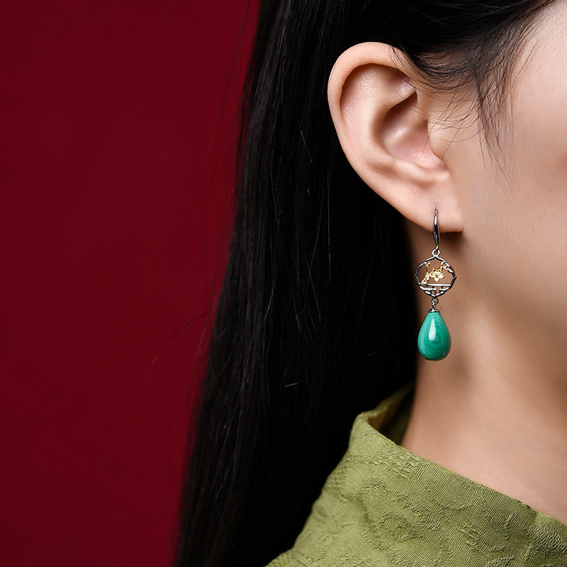 S925 Silver Chinese Ancient Style Window Plum Drop-shaped Malachite Earrings