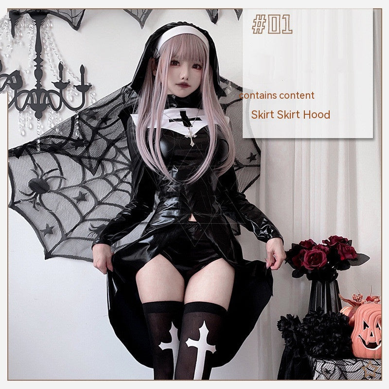Vampire Nun's Outfit Halloween Adult Cosplay Costume Cross Dark Goth Style Cos Role Play