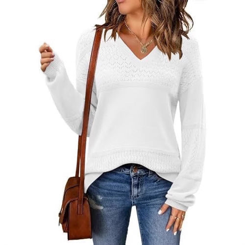 V-neck Hollow-out Pullover Knitted Rib Sweater