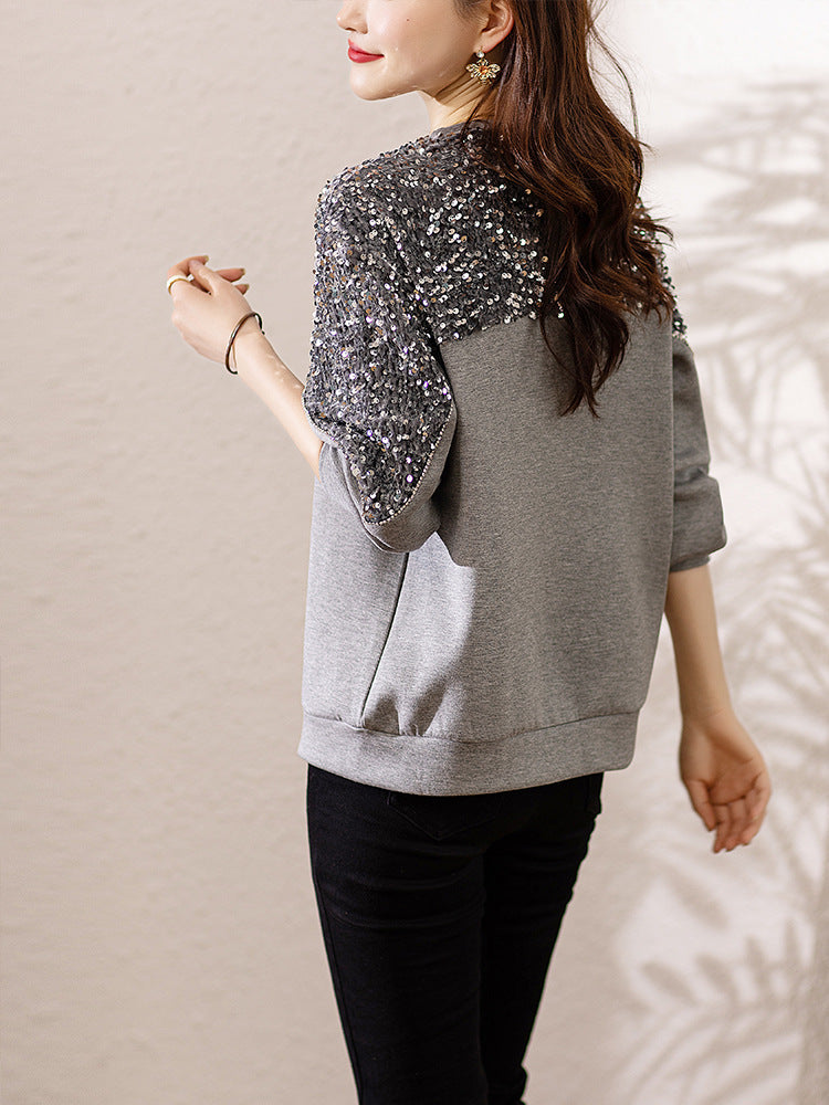 Stitching Sequins Slimming And Fashionable Elegant Air Cotton Sweater
