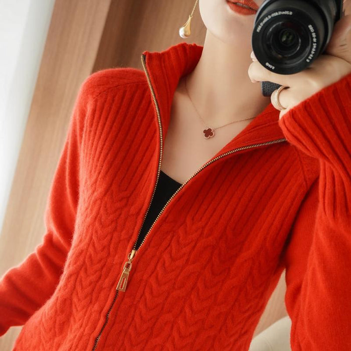 Zipper Sweater Coat Women's Knitted Cardigan Short Stand Collar Loose